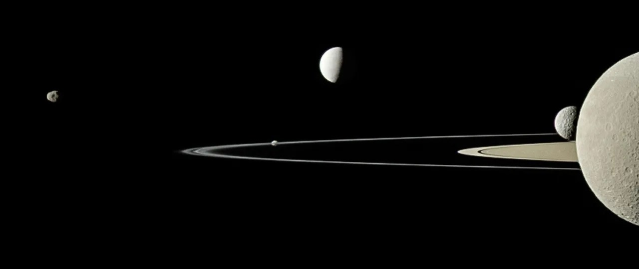 On July 29, 2011, Cassini captured five of Saturn's moons in a single frame with its narrow-angle camera. This is a full-color look at a view that was originally published in September 2011. › Full image and caption