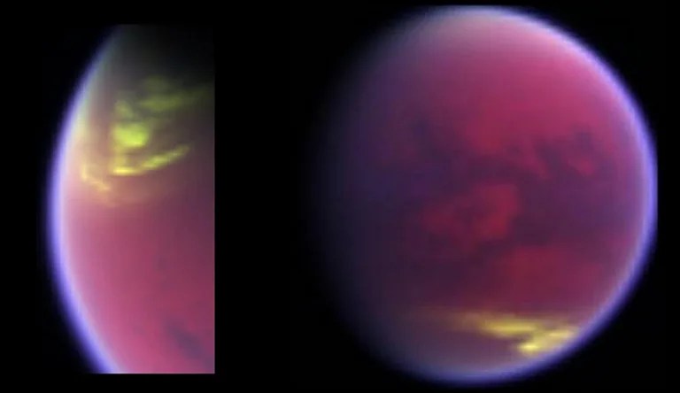 This pair of false-color images, made from data obtained by NASA's Cassini spacecraft, shows clouds covering parts of Saturn's moon Titan in yellow.