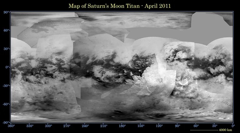 This global digital map of Saturn's moon Titan was created using images taken by the Cassini spacecraft's imaging science subsystem (ISS). The map was released Oct. 26, 2011, and the most recent data in it is from April 2011.