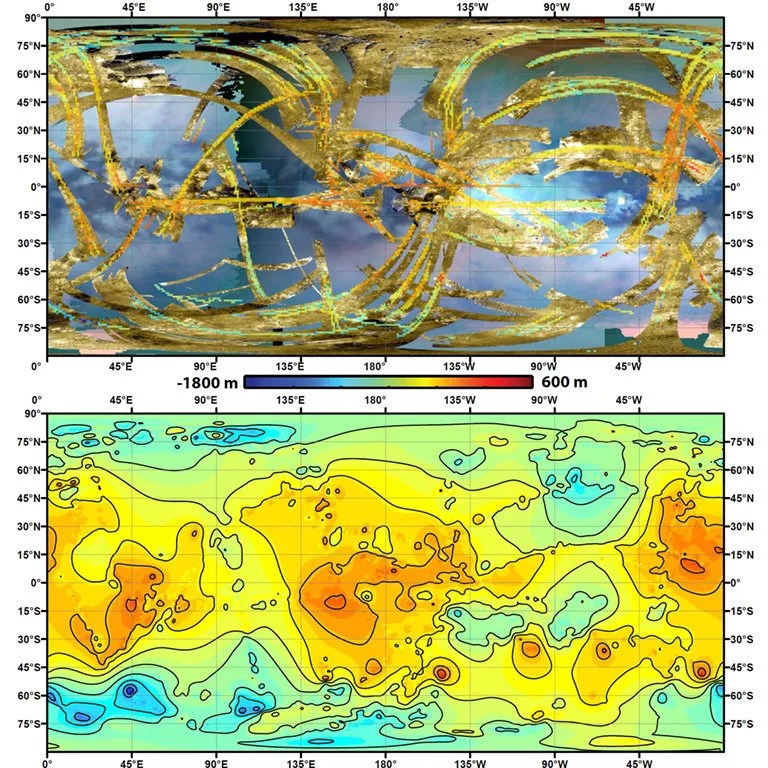 In the upper panel of this graphic, gold colors show where radar images have been obtained over almost half of Titan's surface. The lower panel shows the new topography map, with contour lines added at 656 feet (200 meters) apart in elevation.