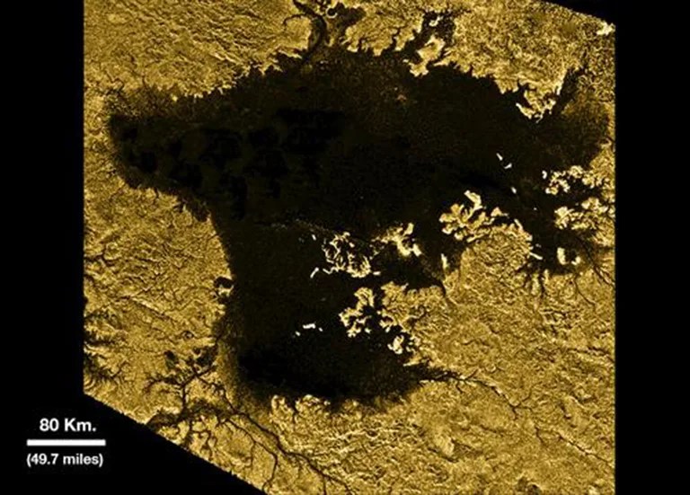 Ligeia Mare, shown here in an artistically enhanced image from NASA's Cassini mission, is the second largest known body of liquid on Saturn's moon Titan.
