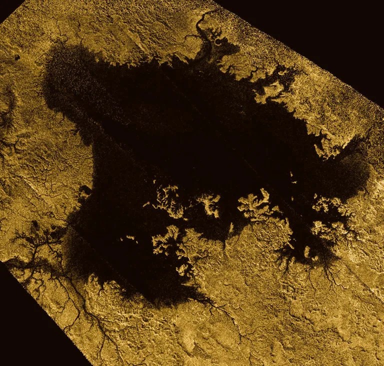 Ligeia Mare, shown here in a false-color image from NASA's Cassini mission, is the second largest known body of liquid on Saturn's moon Titan. It is filled with liquid hydrocarbons, such as ethane and methane, and is one of the many seas and lakes that bejewel Titan's north polar region.