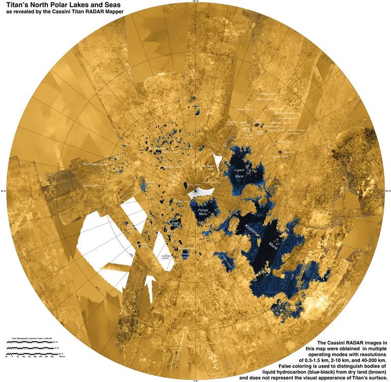 This colorized mosaic from NASA's Cassini mission shows the most complete view yet of Titan's northern land of lakes and seas. Saturn's moon Titan is the only world in our solar system other than Earth that has stable liquid on its surface. The liquid in Titan's lakes and seas is mostly methane and ethane. This image was released on Dec. 12, 2013.