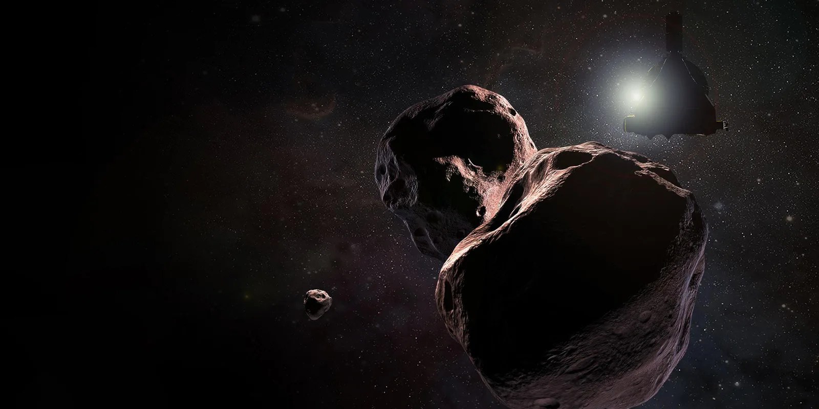 太空船靠近远离太阳的巨大太空岩石的插图。