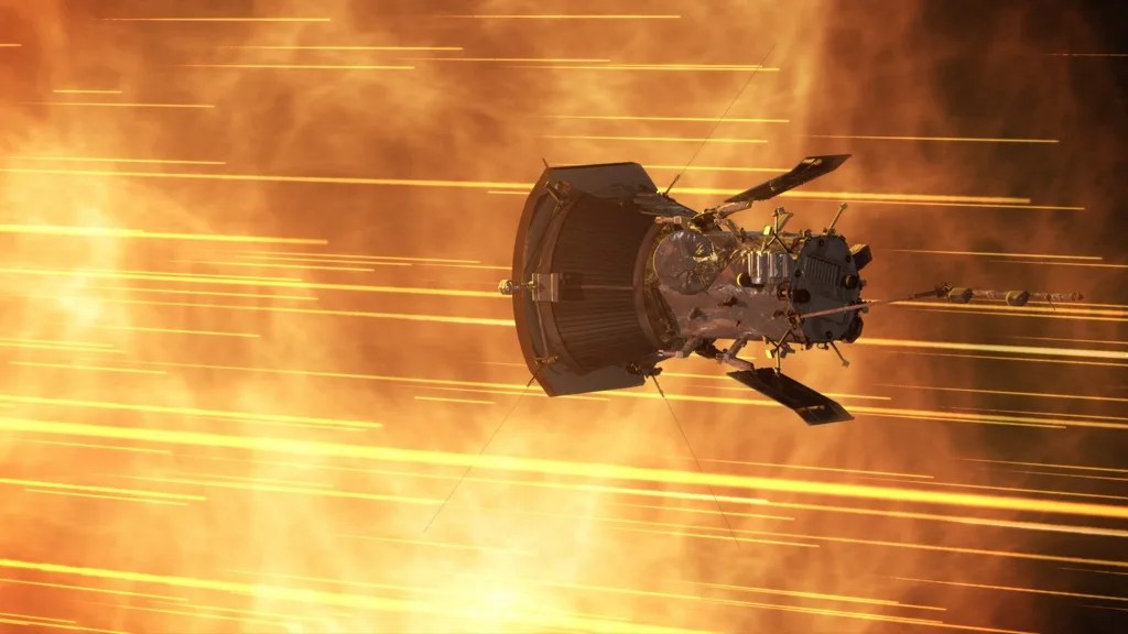 Parker Solar Probe artistic rendering flying near the Sun.