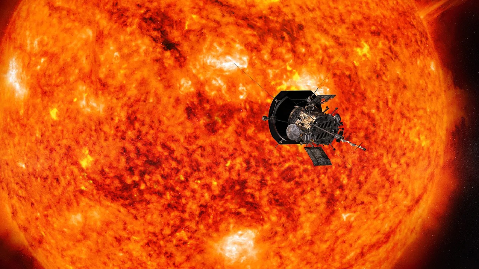 An artist's concept of Parker Solar Probe against a large orange Sun.