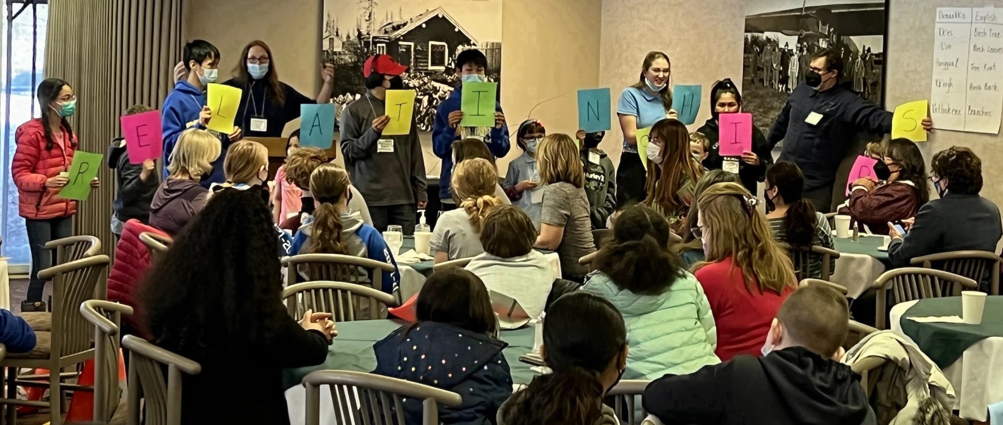 Photo of students as they participated in a welcoming ice-breaker activity where they learned that RELATIONSHIPS are a key theme in the symposium and in the process of science.