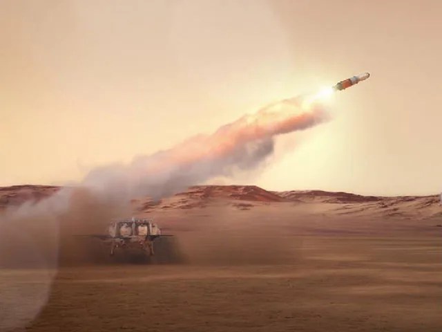 Artist concept of sample return rocket launching from Mars