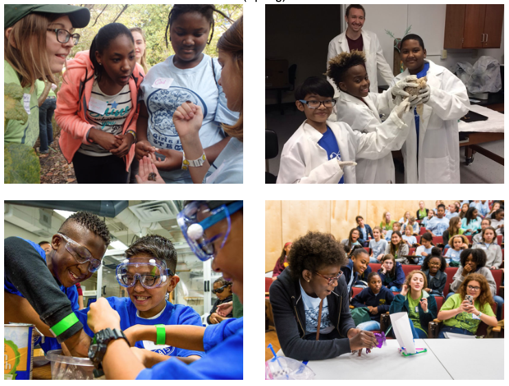 Four photos of students happily and excitedly engaging in a variety of hands-on STEM activities.