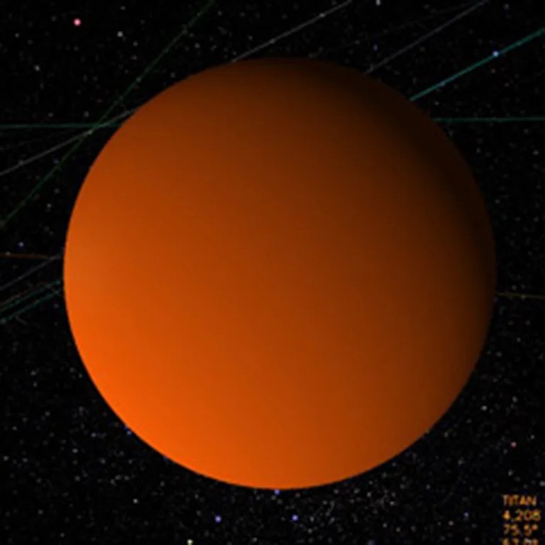 This is a computer generated view of Titan from the Cassini spacecraft's point of view at closest approach. Similar simulated views are used to show the spacecraft's present position. Use the link below to find David Seal's Solar System Simulator where other unique vantage points are available.