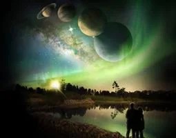 Animated image of two people looking up at huge planets.