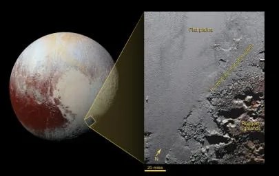The distinct heart-shaped terrain on Pluto with detail inset showing mountains and smooth plains.