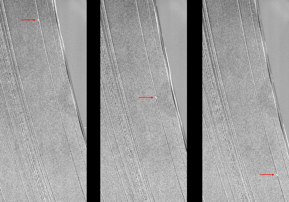 These three Cassini images show a propeller-shaped structure created by an unseen moon in Saturn's A ring.