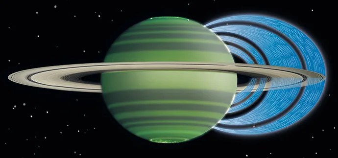 This artist's concept illustrates how charged water particles flow into the Saturnian atmosphere from the planet's rings
