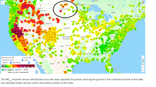 The PM2.5 PurpleAir sensors distributed across the state captured the plumes reaching the ground in the northwest portion of the state but indicated smoke remains aloft in the eastern portion of the state.