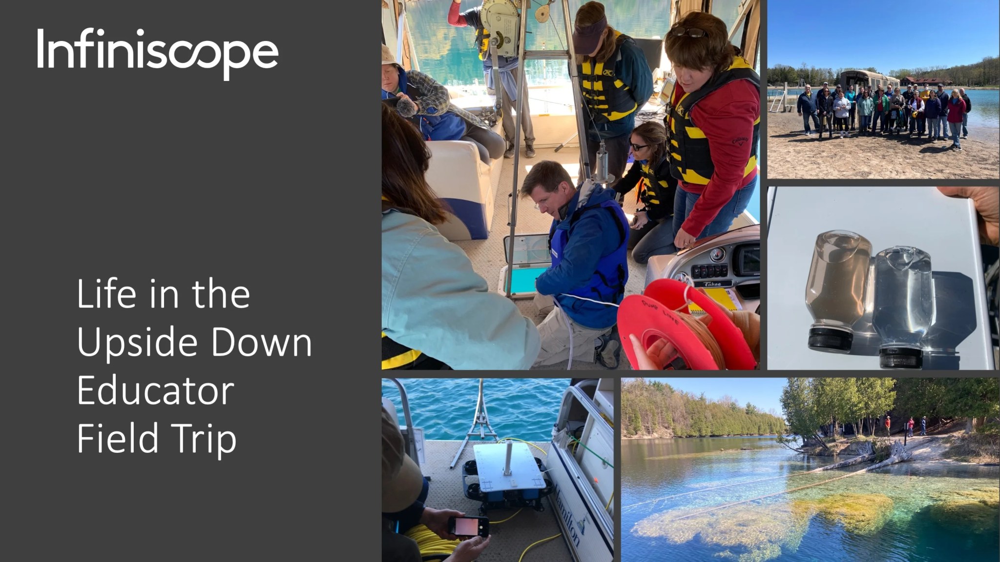 Image collage from the field trip with educators to Fayettville Green Lake. Image shows sample collection from the boats using robotic