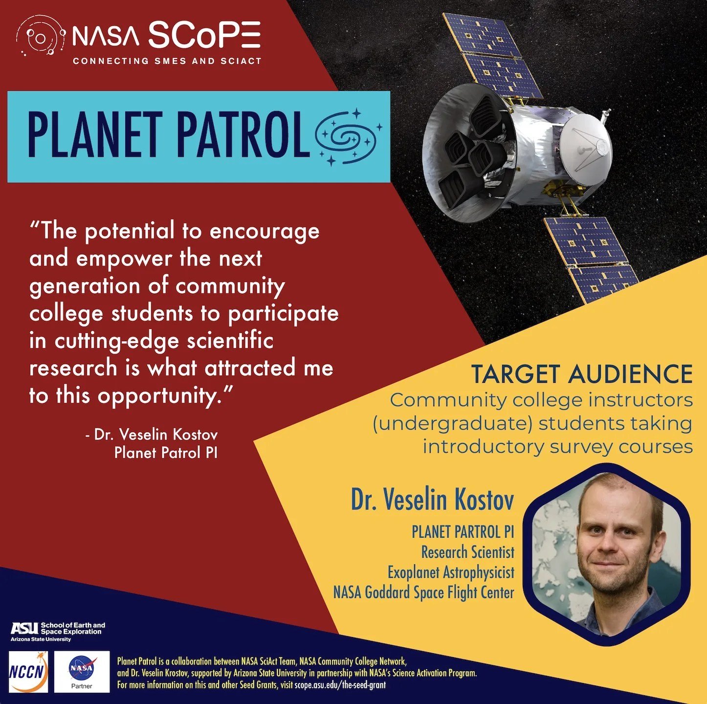 planet patrol project graphic with logos, bio photo of Dr. Kostov, background photo of TESS mission, target audience defined as middle school students and teachers within the choctaw, chickasaw, and cherokee nations, and quote from Dr. Kostov