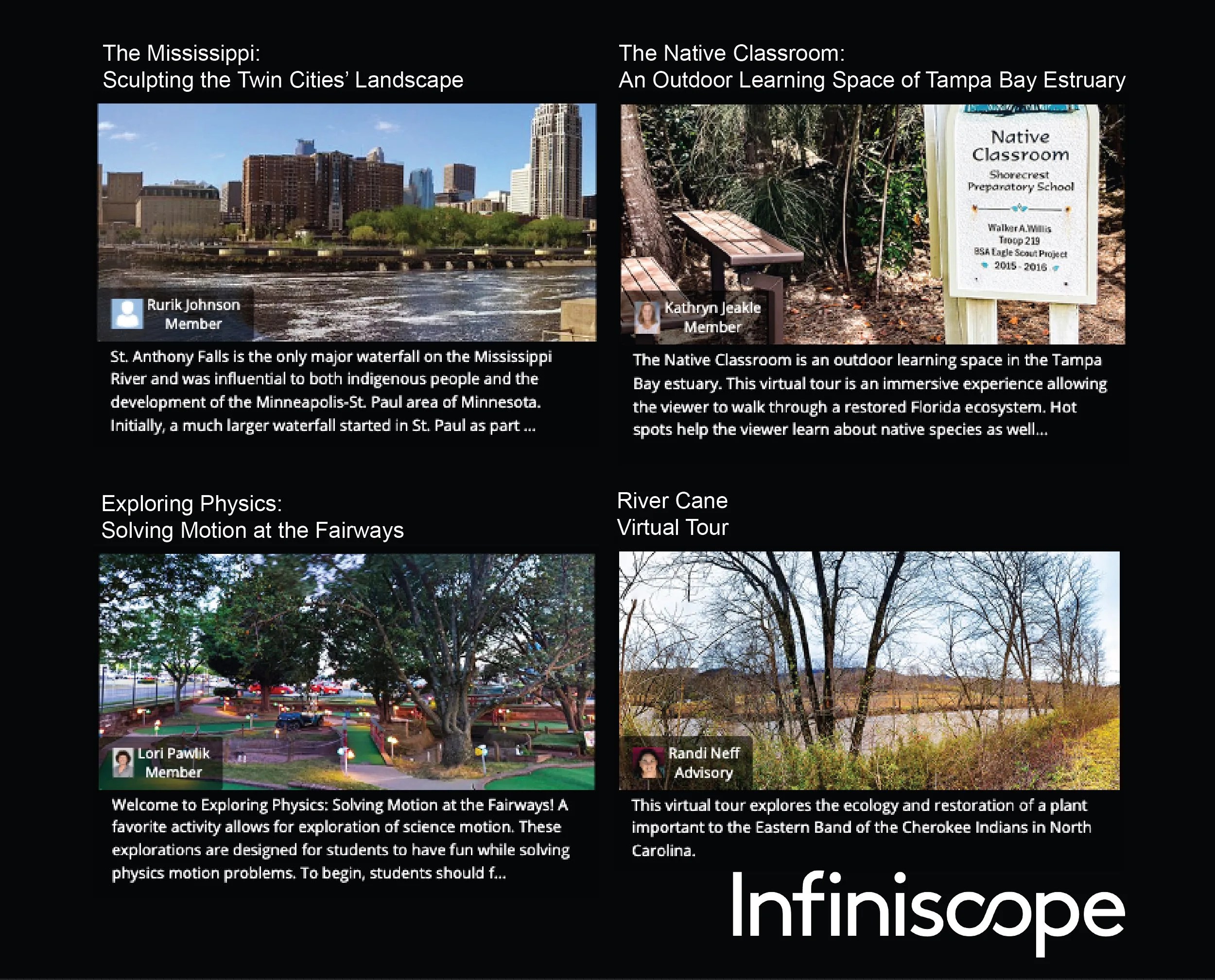 Collage showing 4 examples of these teacher created virtual field trips highlighting an image from their location, a title of their tour, and a brief description of the tour.