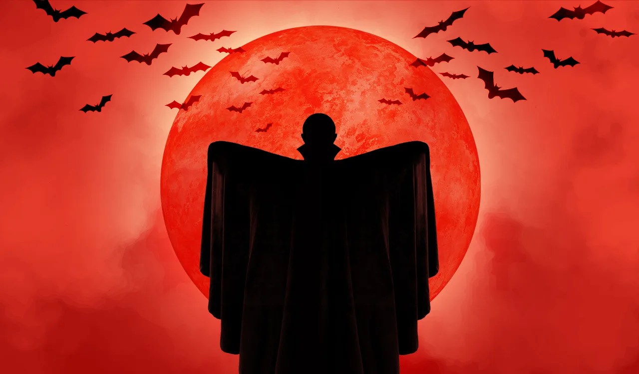 Whimsical illustration of Dracula and bats
