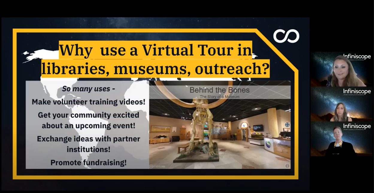 Presentation slide describing why use a virtual tour in libraries, museums, or outreach (examples include volunteer training and promote fundraising).