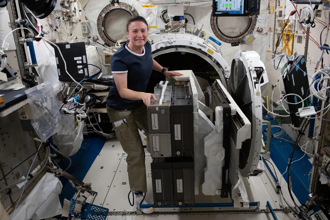 Woman with CubeSat launcher on the International Space Station
