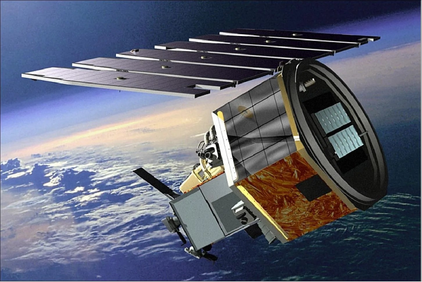 an illustration of Aeronomy of Ice in the Mesosphere (AIM) in orbit. The mission looks similar to a hollow hexagon, with a large silver panel above it. It is above a cloudy Earth.