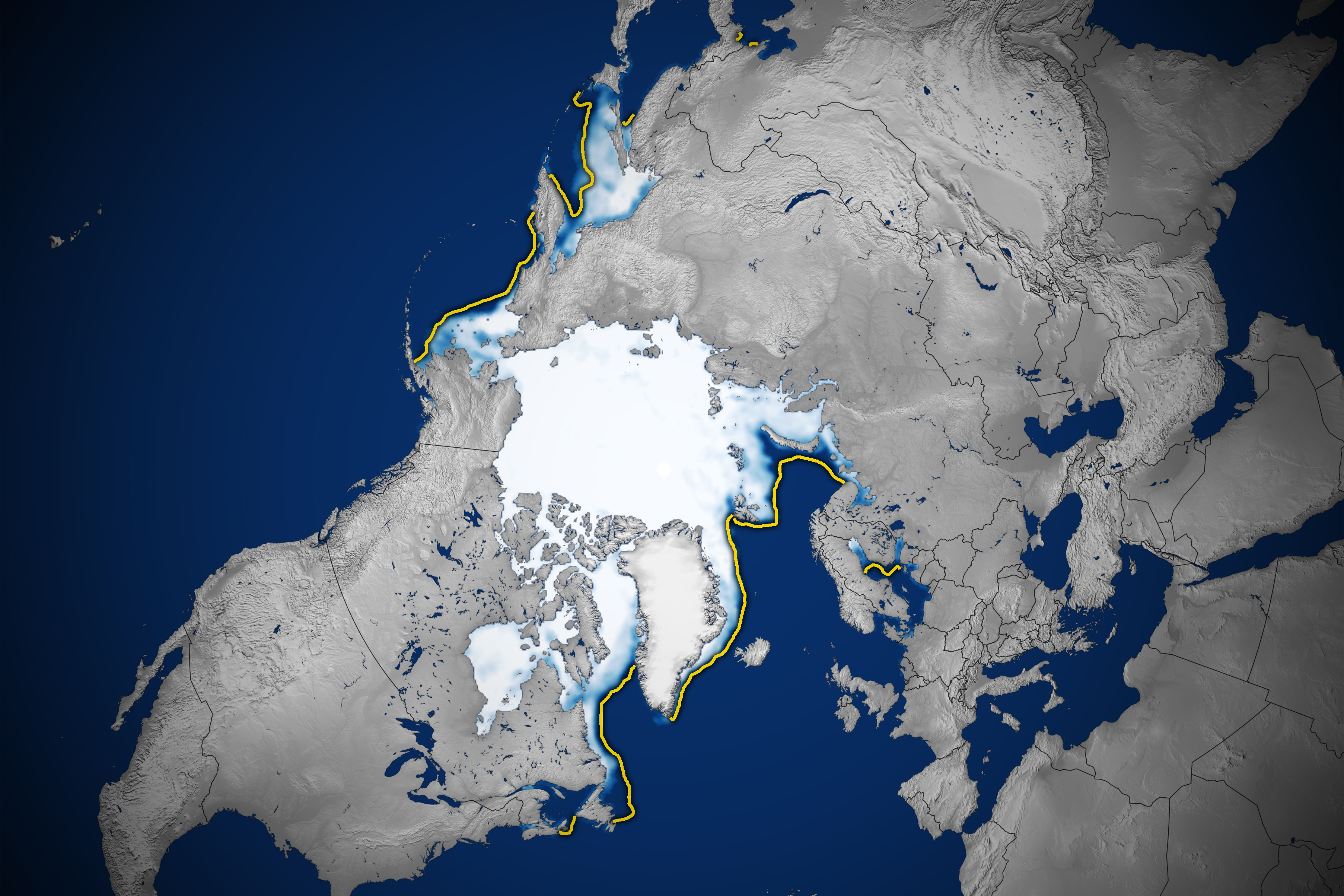 The map above shows the ice extent on March 14, the day of the annual maximum. To determine extent, scientists project satellite observations of sea ice onto a grid and then add up the total area of each cell that is at least 15 percent ice-covered. The yellow outline shows the median sea ice extent for February from 1981 to 2010. A median is the middle value; that is, half of the extents were larger than the yellow line and half were smaller.