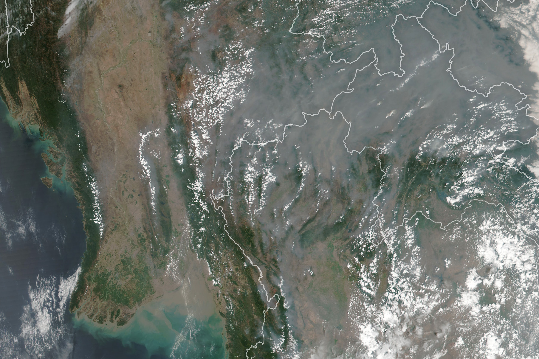 The satellite image shows a hazy day in Thailand during the region’s 2024 fire season. The image was captured by VIIRS (Visible Infrared Imaging Radiometer Suite) on the Suomi NPP (National Polar-orbiting Partnership) satellite on March 16.