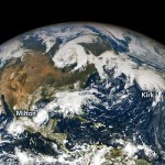 This image shows the Earth from a distance centering on the Atlantic Ocean near Florida. Three storms are visible - Milton, Kirk, and Leslie. Milton is in the Gulf of Mexico, Kirk in the more northern Atlantic, and Leslie nearer the coast of Africa.