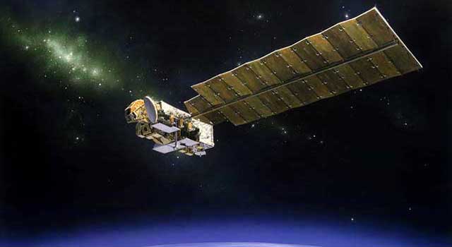 an illustration of the Aura spacecraft in orbit, seen from below