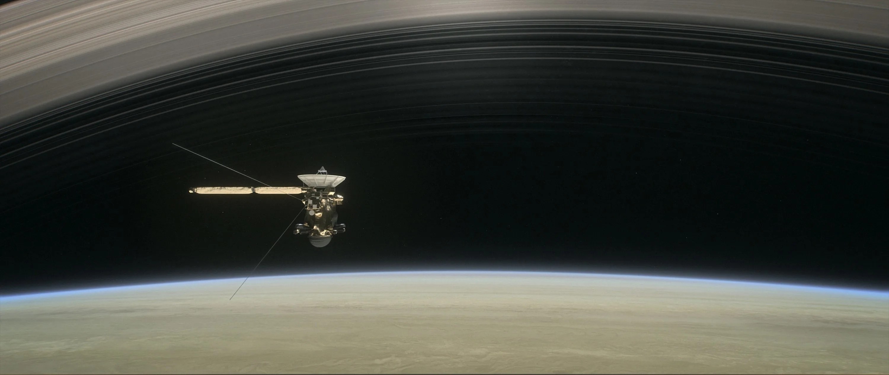 This artist's rendering shows Cassini as the spacecraft makes one of its final five dives