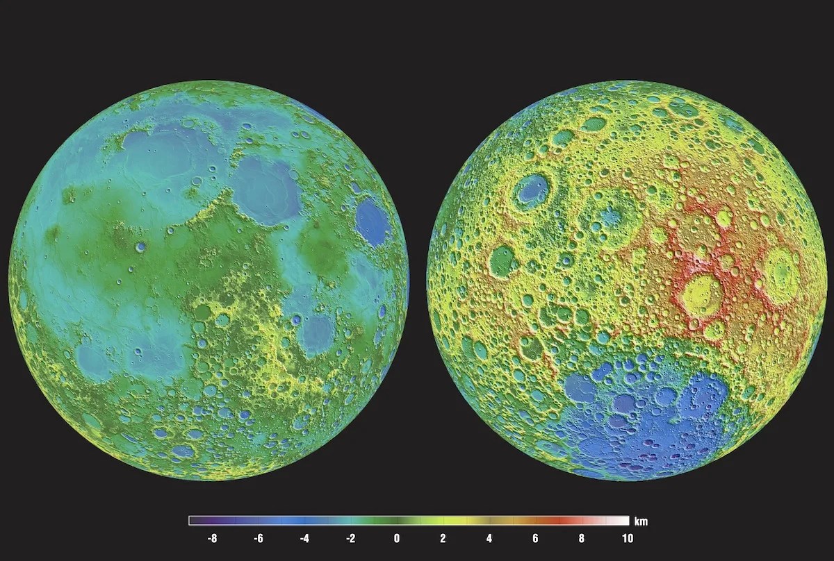 color-coded topographic map of both lunar hemispheres