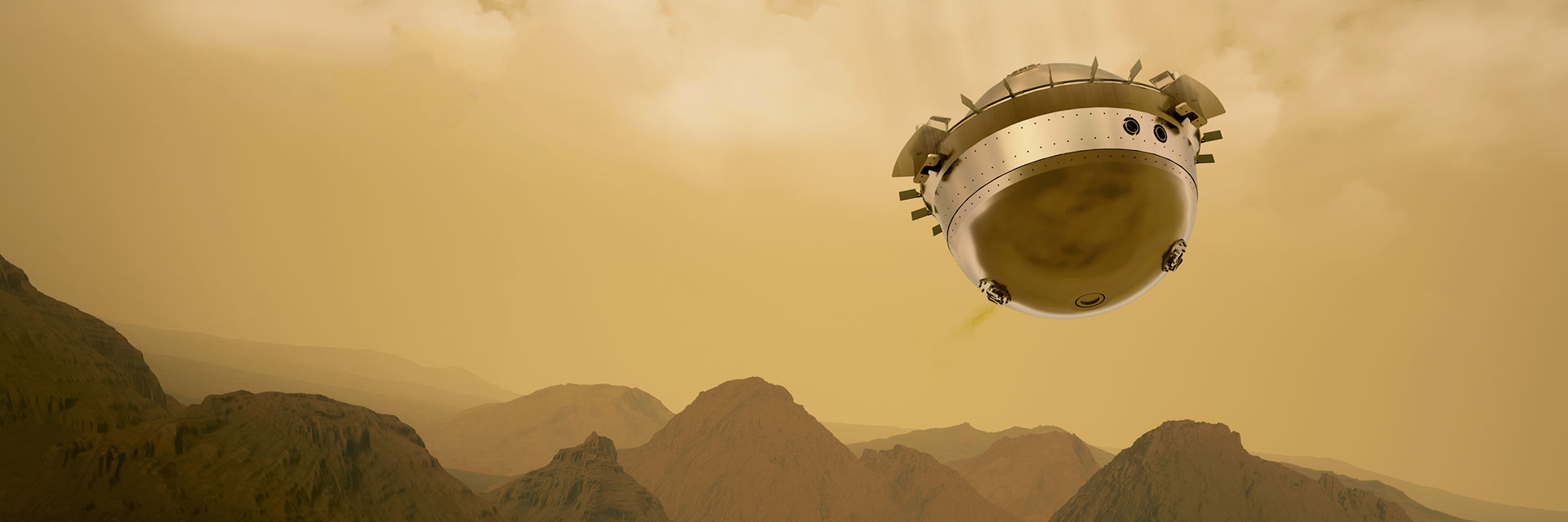 Round probe descending to Venus with hazy yellowish sky and mountains in background