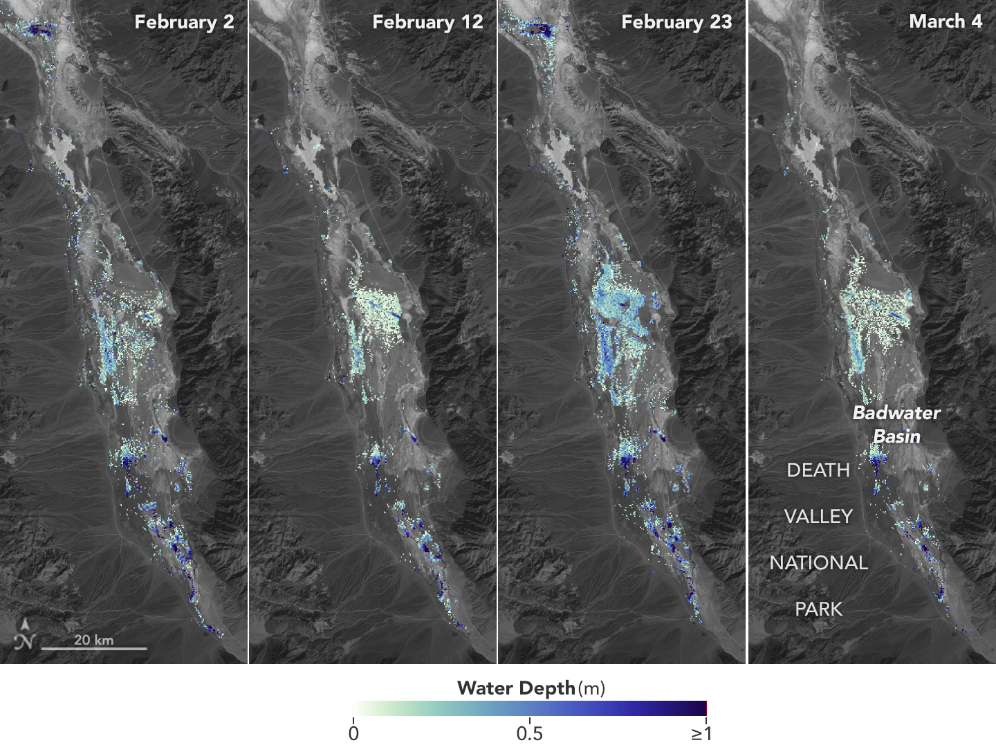 Four images of the same location are side by side. They are shown in false color with dry land being black. The areas with color show some of these changes in the lake’s water depth. Deeper areas are blue, and shallower areas are yellow.