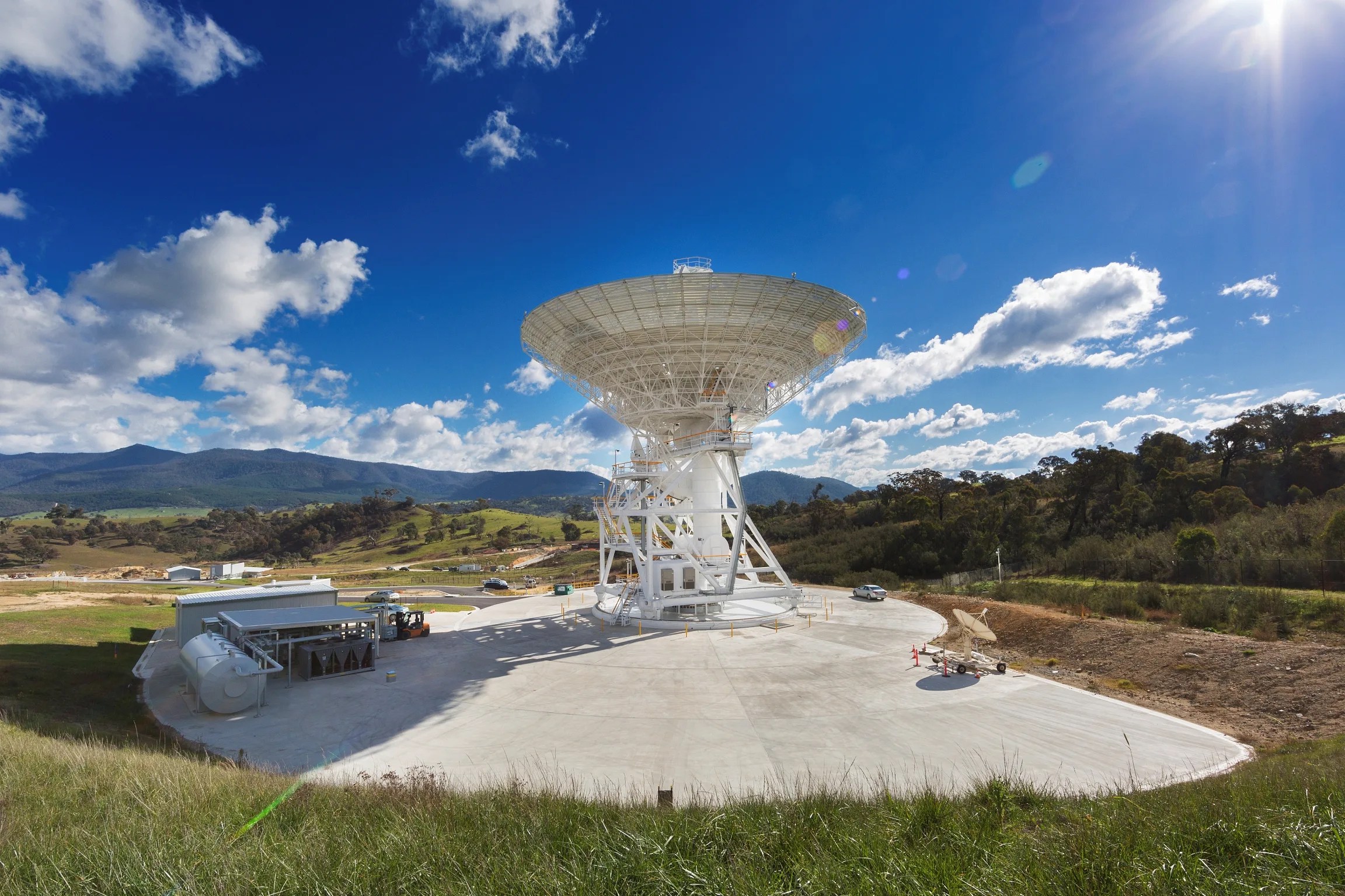 A 70-meter antenna at the Canberra Deep Space Communications Complex in Canberra, Australia