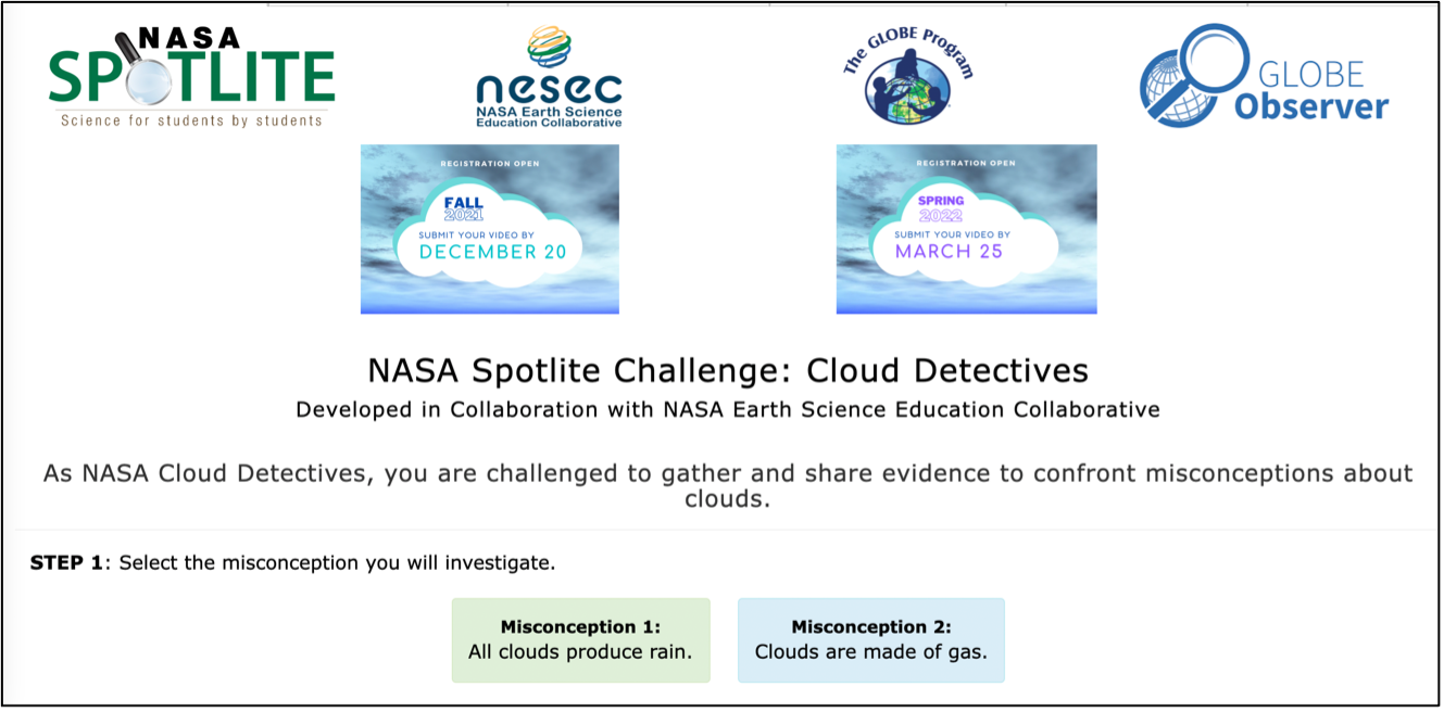 A screenshot of the NASA Spotlite Challenge: Cloud Detectives page on the NASA eClips website.