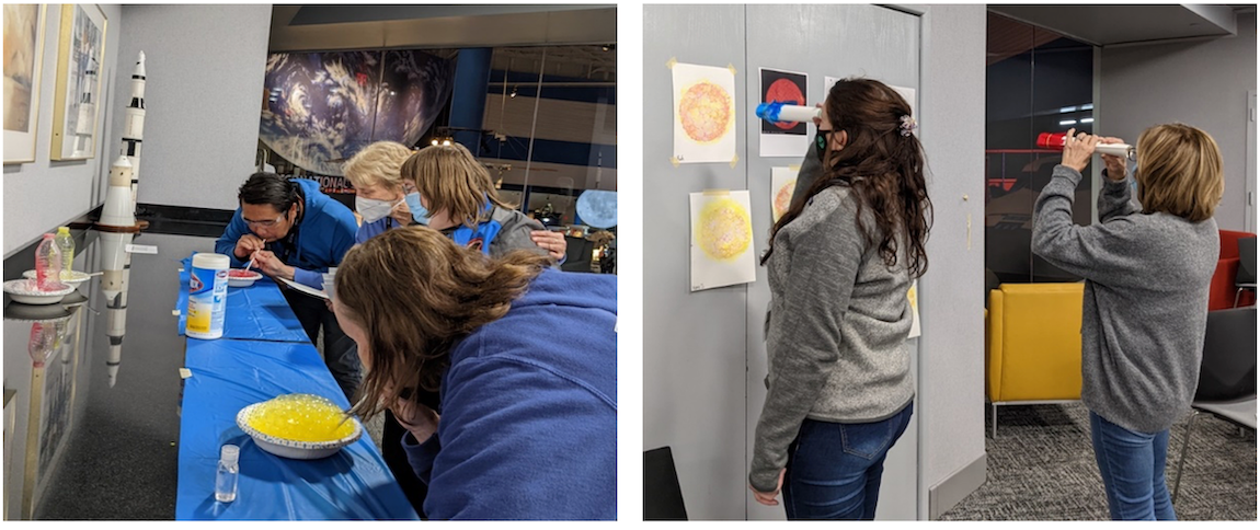 Left: Dr. Bowers guides educators in making solar prints. Right: Participants use different colored filters while viewing and identifying solar features.
