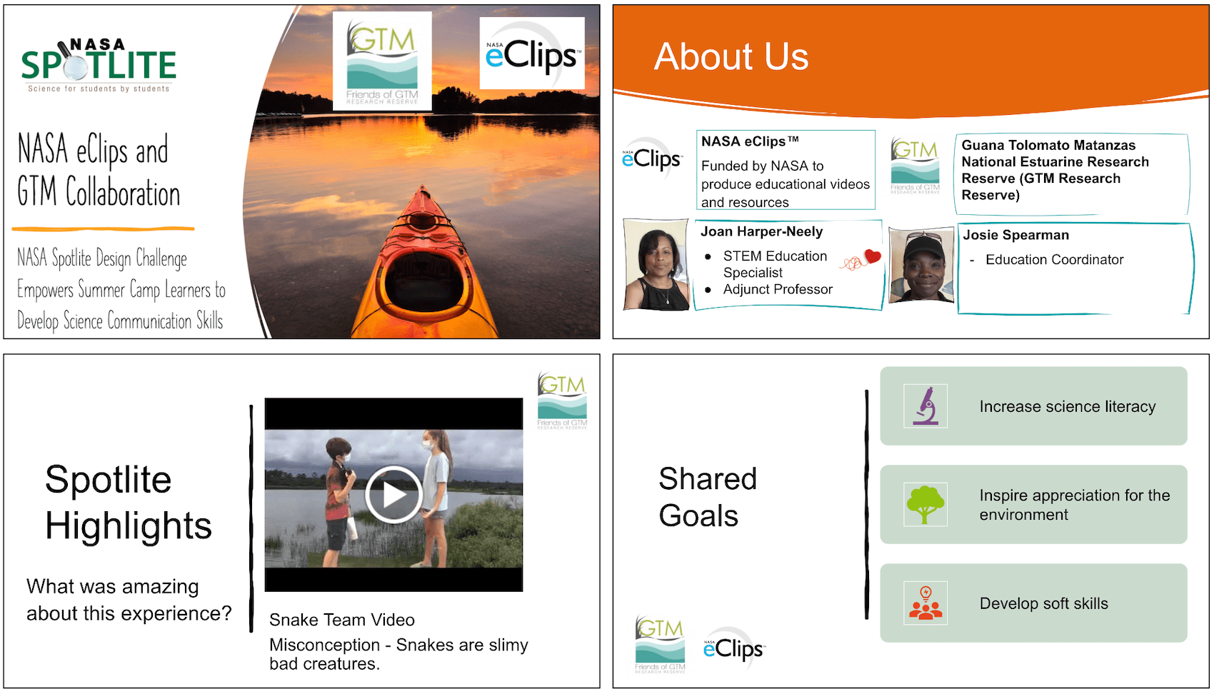 Screenshots from the collaborative presentation by NASA eClips and Guana Tolomato Matanzas (GTM) National Estuarine Research Reserve.