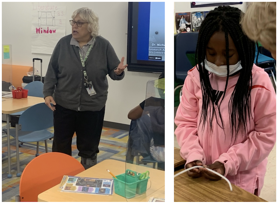 Left: Photo of Betsy McAllister presenting at Cooper Elementary Magnet School’s Career Day. Right: Photo of a student being guided through a star life cycle activity.
