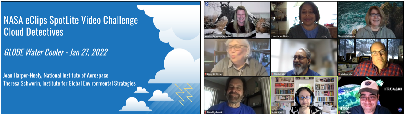 Screenshots from the NASA Spotlite Challenge: Cloud Detectives presentation during the GLOBE/Earth Systems Science (ESS) Collaborative Water Cooler webinar.