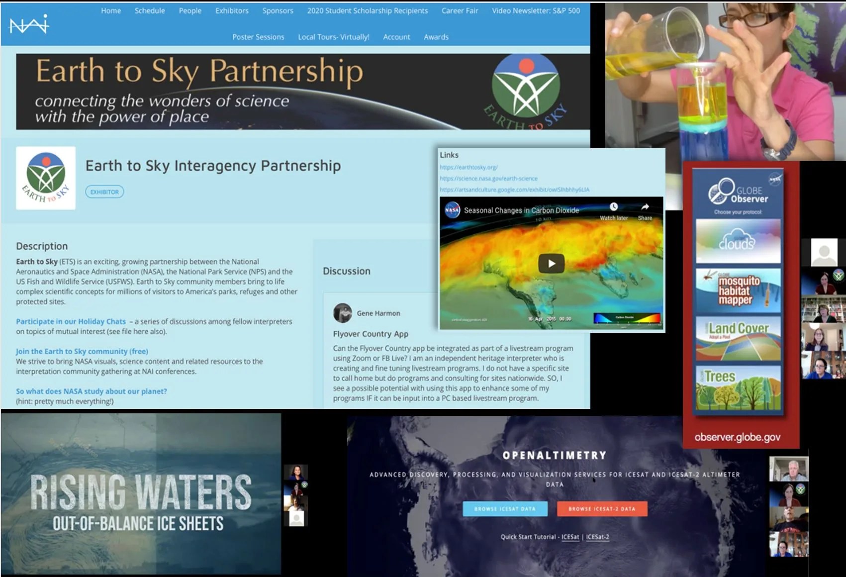 Collage of virtual Earth to Sky Booth featuring live presentations, demos, and NASA resources for interpreters.