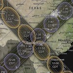 Map showing the intersection of two Eclipse paths in Texas. The eclipses cross east of Houston.