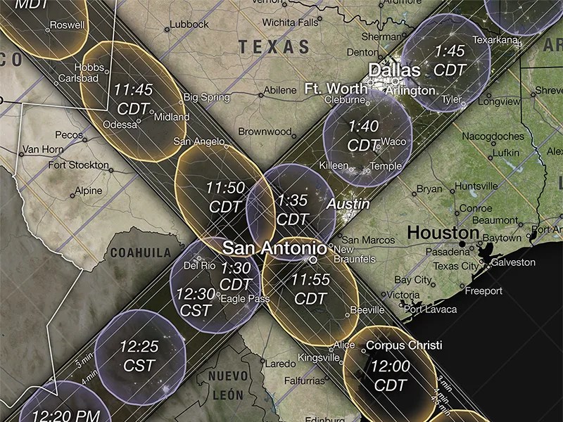 Map showing the intersection of two Eclipse paths in Texas. The eclipses cross east of Houston.