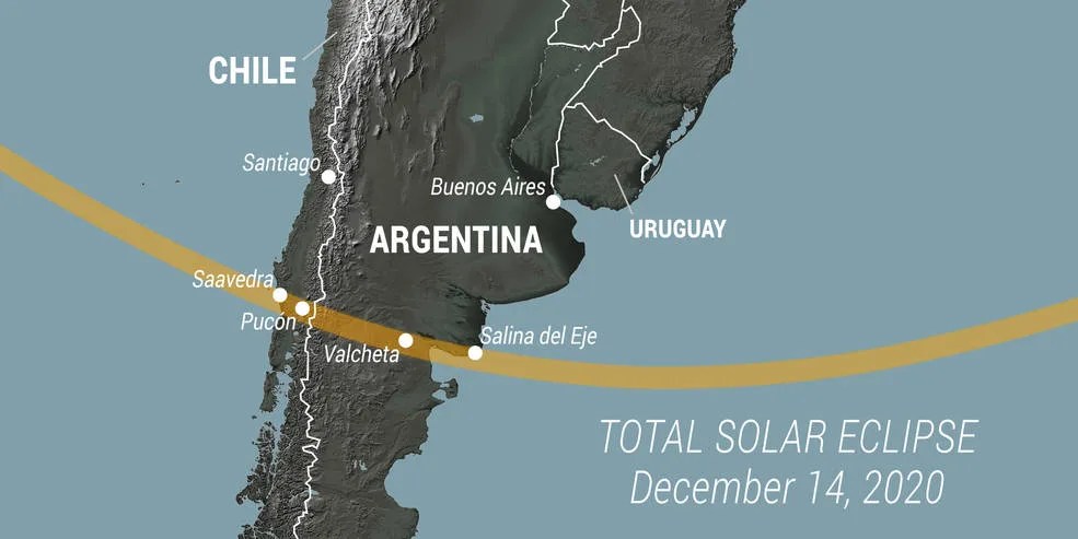 Schematic map of path of the 2020 eclipse in South America.