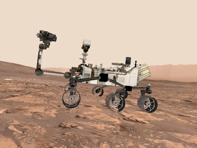 A screenshot of the Mars Science Laboratory surface experience tool showing a model of the Curiosity rover on the surface of Mars.