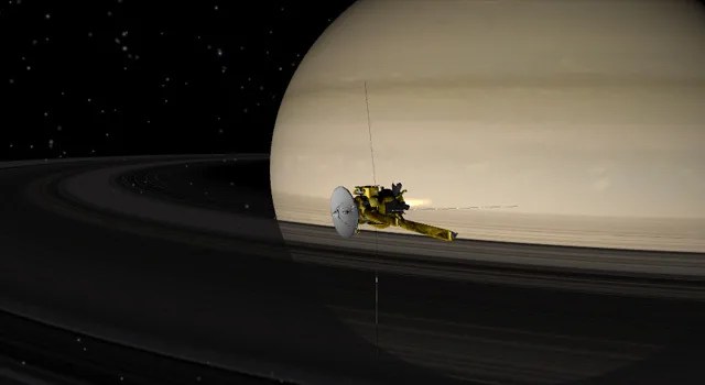 Illustration of Cassini spacecraft during its Saturn Orbit Insertion burn in 2004 using Eyes on the Solar System