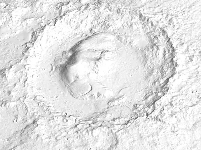 Topographical image of Gale Crater, shown in all white.