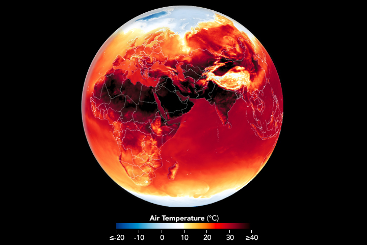 Image of full earth depicted as a sphere centered on East Africa with country border overlay and a gradient corresponding to temperature where the deepest blue is -20 centigrade and darkest red 40 or more degrees centigrade. The overwhelming majority of the visible earth is a dark shade of red, particularly land mass nearer the tropics. The Indian and Pacific Oceans are also a shade verging on red from orange.