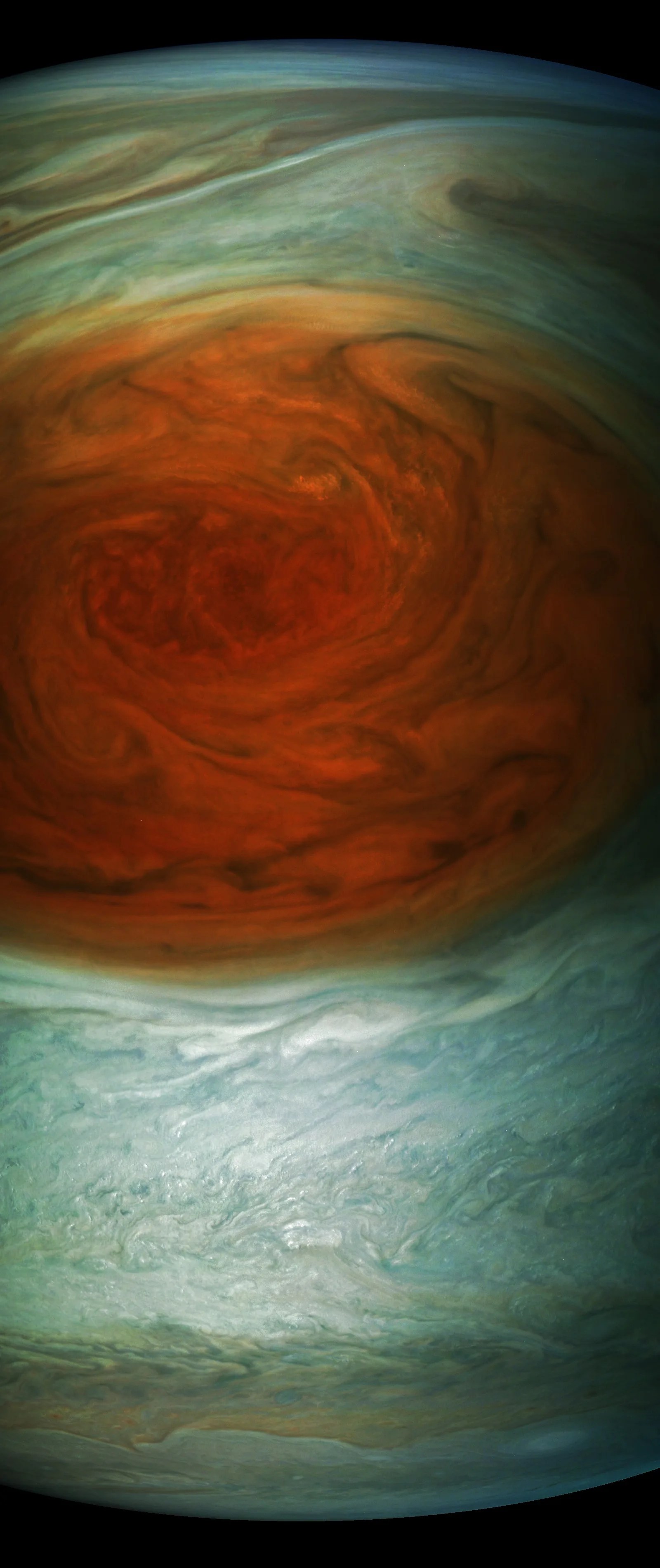 great red spot swirling in jupiter's clouds