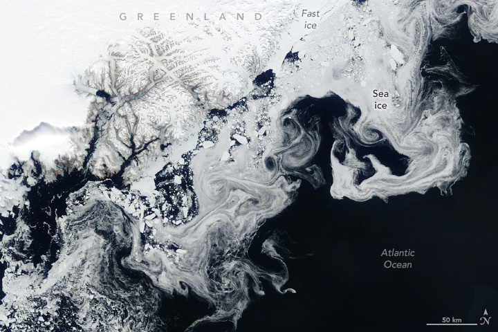 Ice fragments from Greenland and the Arctic form elaborate swirls as they are swept south.